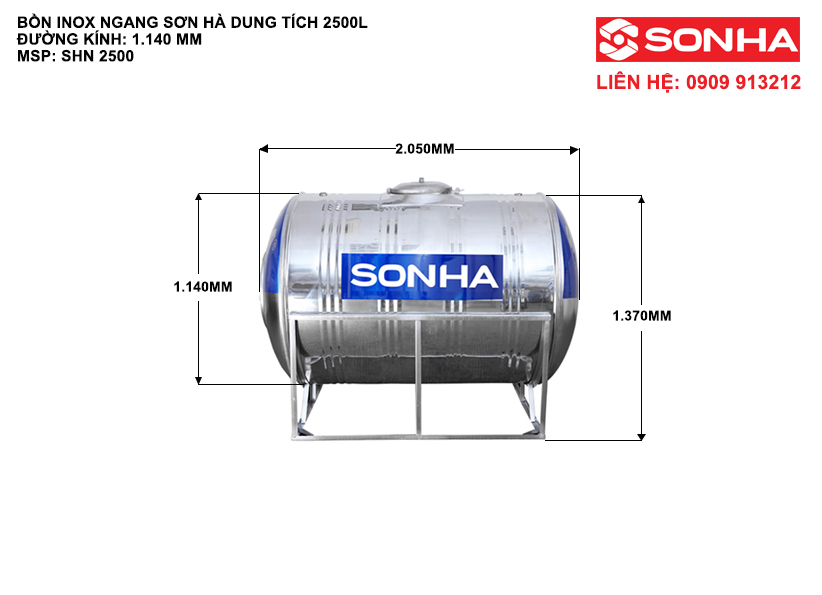 Kích thước bồn nước inox 2500 Lít nằm ngang