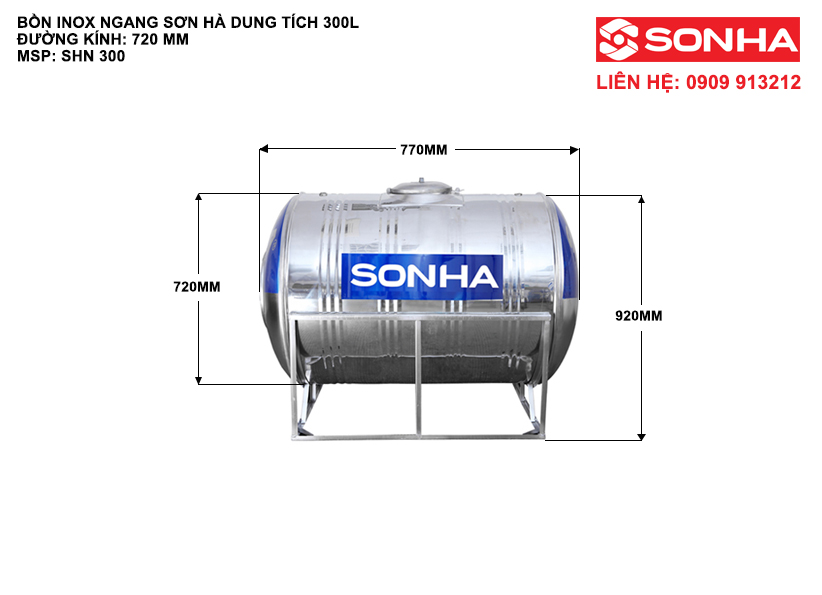 Kích thước bồn nước inox 300 lít nằm ngang