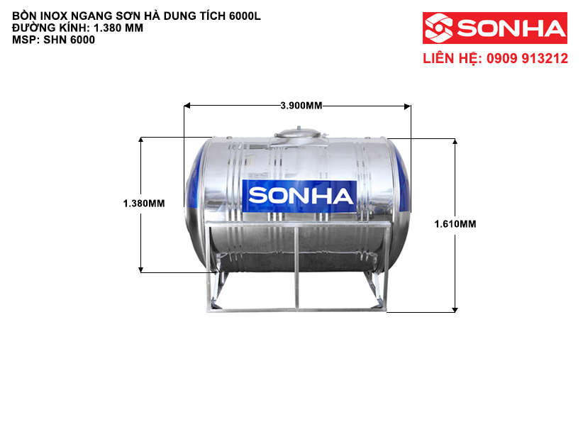 Kích thước bồn nước inox 6000 Lít nằm ngang